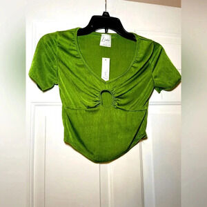 Livi By Olivia Rae Cropped Lime Green Blouse Small Cut Out Short Sleeve V Front